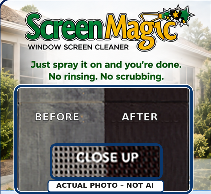 Screen Magic logo, product benefits and actual before-and-after photo